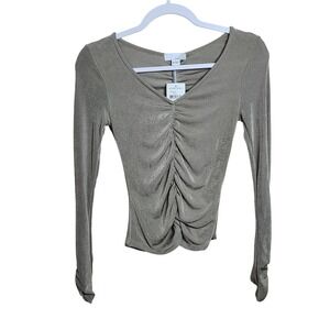 Ten Sixty Sherman Olive Green Ruched Long Sleeve Top XS Slinky Stretch NWT